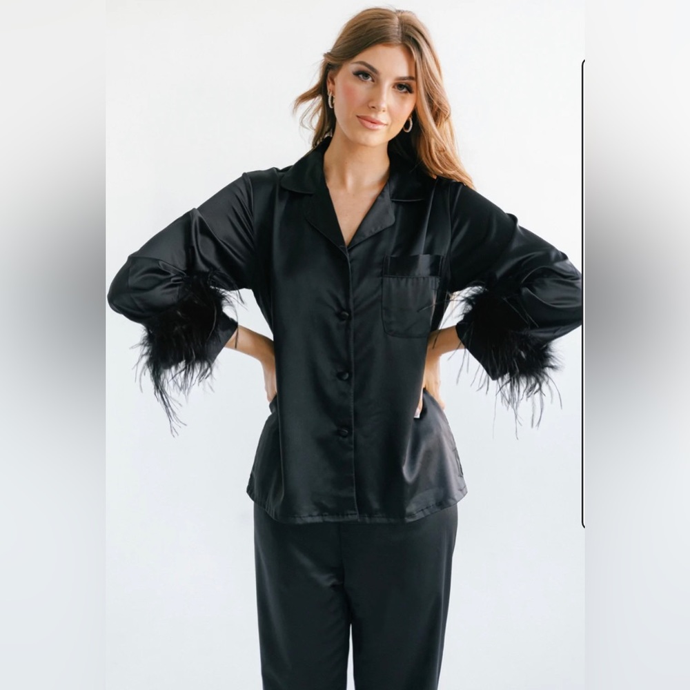Satin feather trimmed pajama set- black. Size L